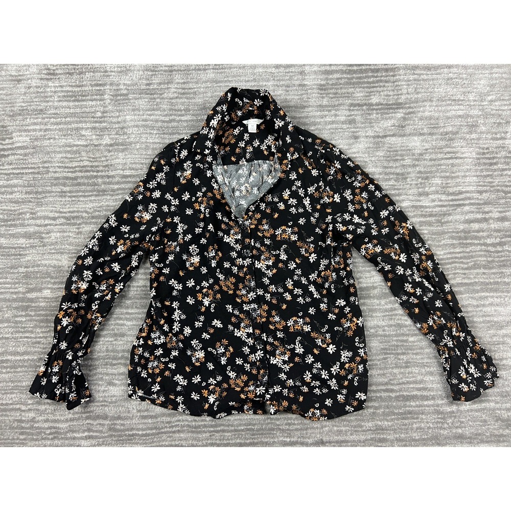 Est.‎ 1946 Blouse Womens Medium Black Floral Button Up Smocked Ruffle Cuff Rayon